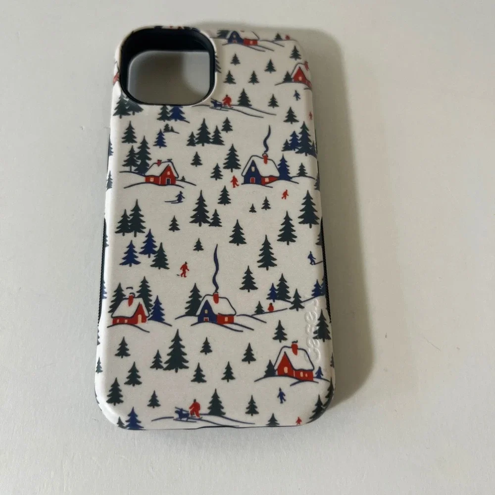 Casely iPhone Case Winter Village Cabin Skiing Scene White Green Red Holiday